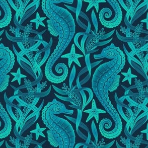 Seahorses and Starfish in Cyan and Blue Medium