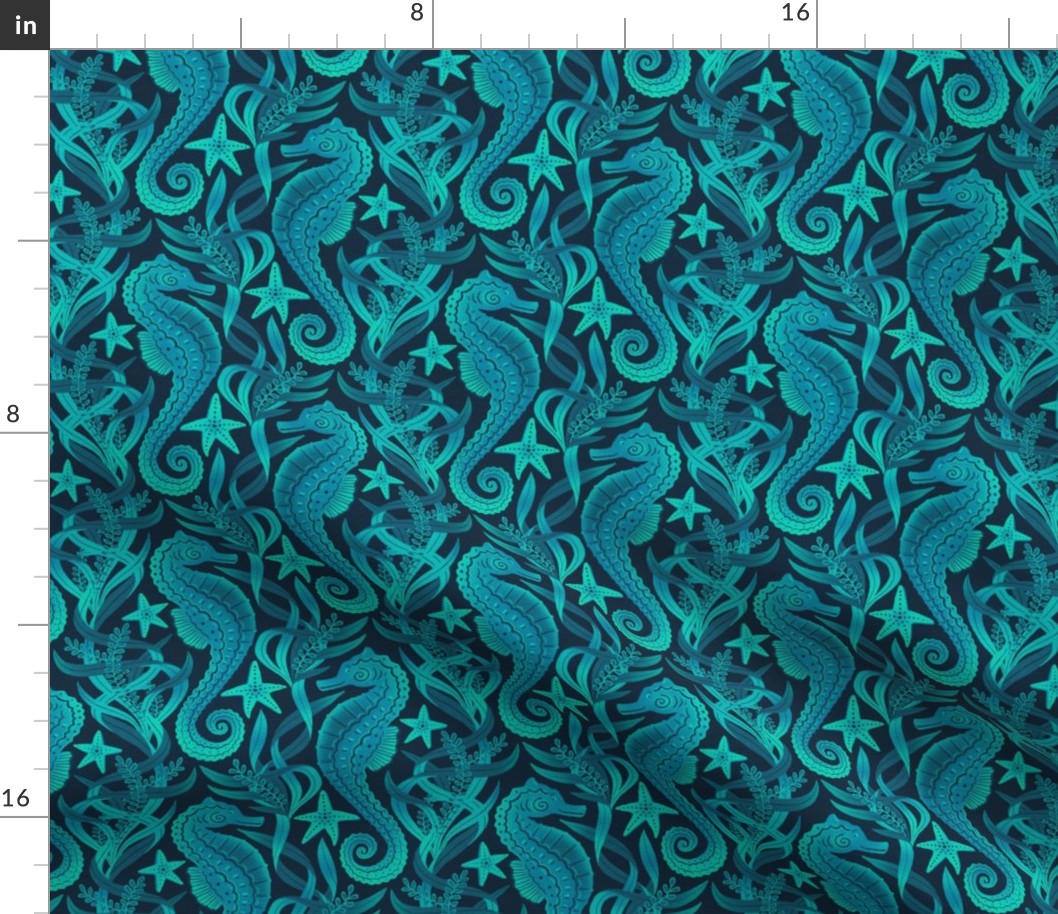 Seahorses and Starfish in Cyan and Blue Medium