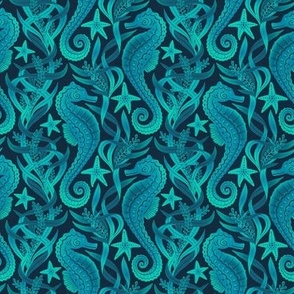 Seahorses and Starfish in Cyan and Blue Small