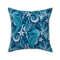 Monochrome Blue and White Seahorses and Starfish Large