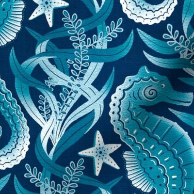 Monochrome Blue and White Seahorses and Starfish Large