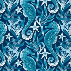 Monochrome Blue and White Seahorses and Starfish Medium