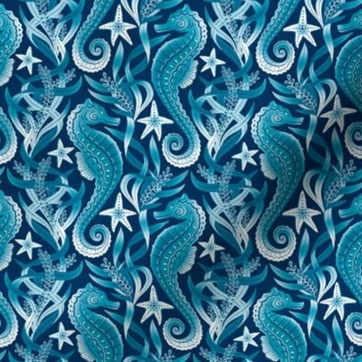 Monochrome Blue and White Seahorses and Starfish Small