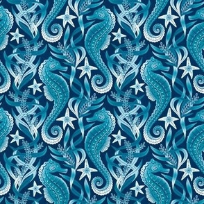 Monochrome Blue and White Seahorses and Starfish Small