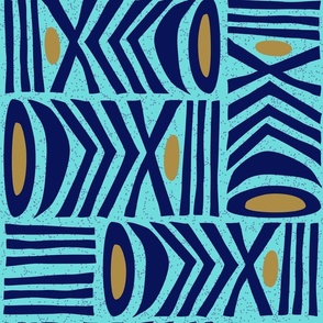 (L) Graphic Modern Tribal Folk Art Boho Geometric Turquoise, Blue and Gold