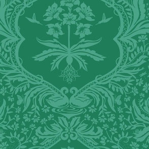 Conversational Damask with Bunnies and Birds - teal - wallpaper.