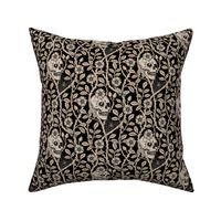 Skulls and climbing rose vines  - block print style, gothic, spooky - monochrome antiqued neutral on black - small