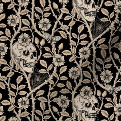 Skulls and climbing rose vines  - block print style, gothic, spooky - monochrome antiqued neutral on black - small