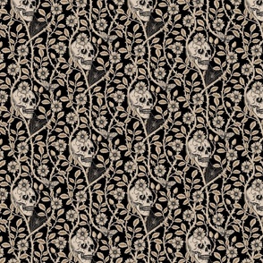 Skulls and climbing rose vines  - block print style, gothic, spooky - monochrome antiqued neutral on black - small