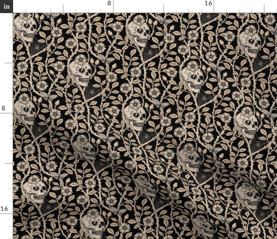 Skulls and climbing rose vines  - block print style, gothic, spooky - monochrome antiqued neutral on black - small
