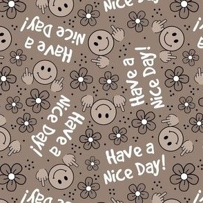 Medium Scale Have a Nice Day! Sarcastic Middle Finger Happy Faces and Flowers Tan
