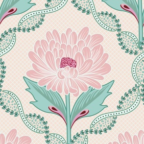 Delightful decorative trellis pattern with soft pink graphical peony flowers -  large