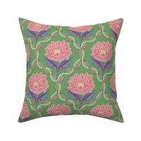 Pink color pops of peony flowers on green with elaborated lattice - small