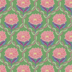 Pink color pops of peony flowers on green with elaborated lattice - small