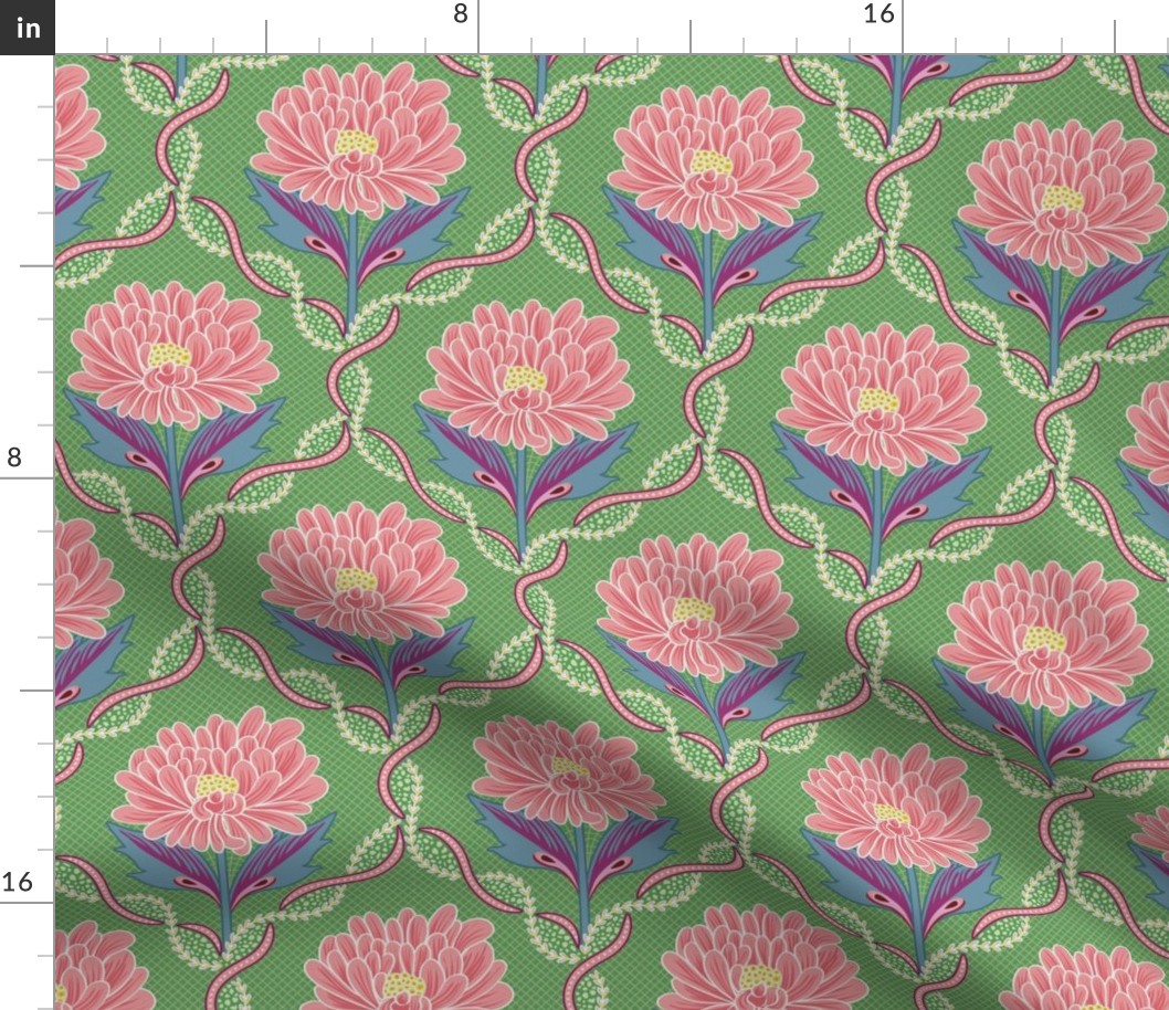 Pink color pops of peony flowers on green with elaborated lattice - small