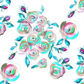 grandmillennial pink and teal watercolor roses. Use the design for dining room interior