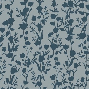 Long Vertical Floral Stripe - Flowers Vines - Muted Navy Blue Grey