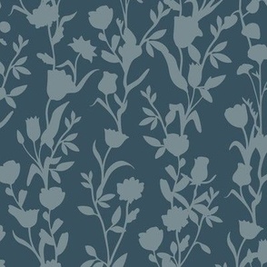Long Vertical Floral Stripe - Flowers Vines - Dark Blue Gray 