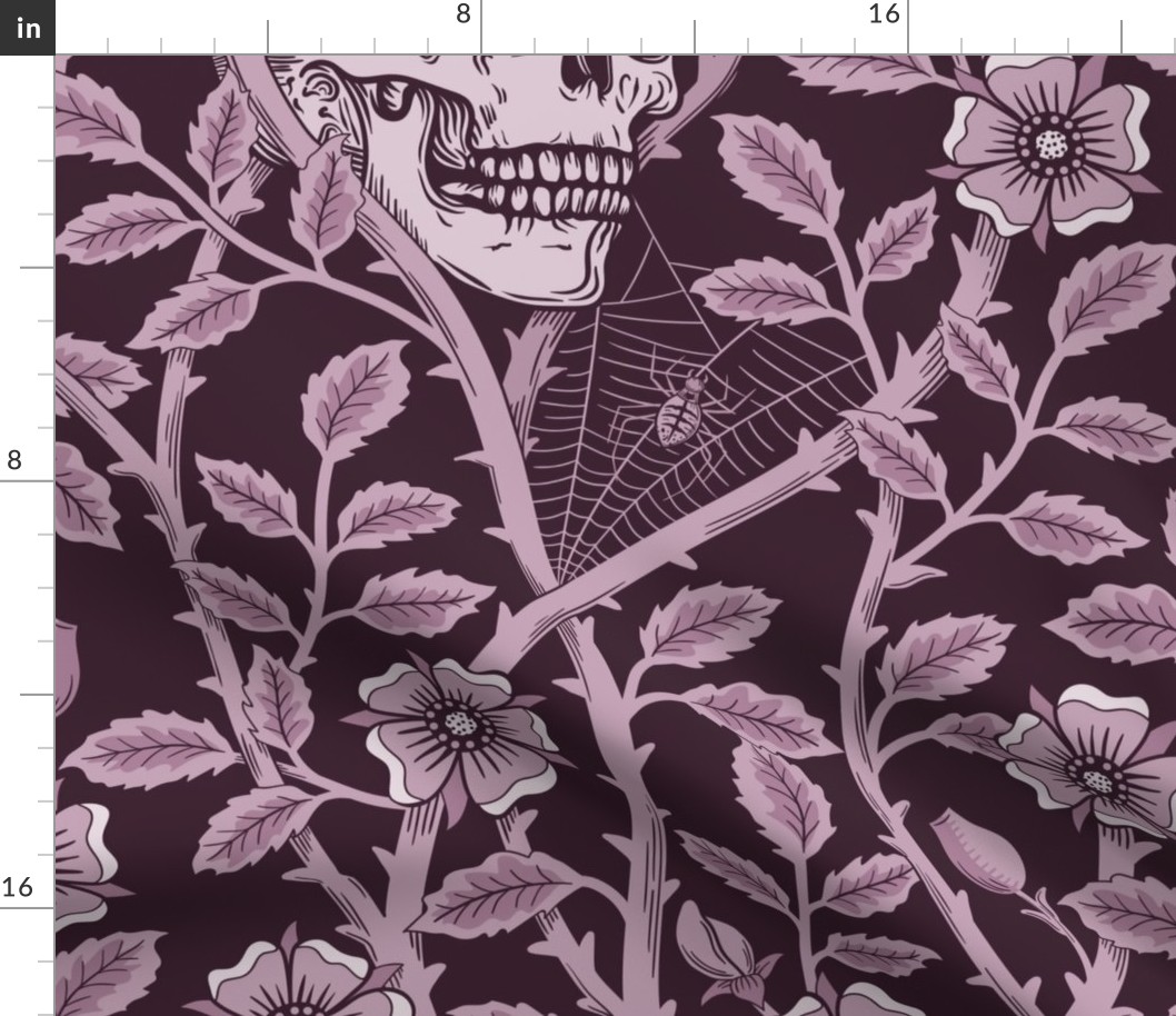 Skulls and climbing rose vines  - block print style, gothic, spooky - monochrome blackberry - purple, burgundy - jumbo