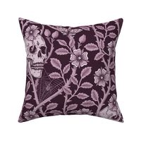 Skulls and climbing rose vines  -block print style, gothic, spooky - monochrome blackberry - purple, burgundy - extra large