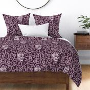 Skulls and climbing rose vines  -block print style, gothic, spooky - monochrome blackberry - purple, burgundy - extra large