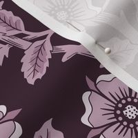 Skulls and climbing rose vines  -block print style, gothic, spooky - monochrome blackberry - purple, burgundy - extra large