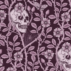 Skulls and climbing rose vines  -block print style, gothic, spooky - monochrome blackberry - purple, burgundy - extra large