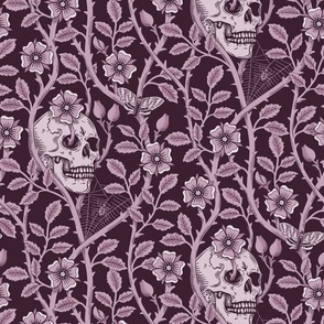 Skulls and climbing rose vines  - block print style, gothic, spooky - monochrome blackberry - purple, burgundy - large