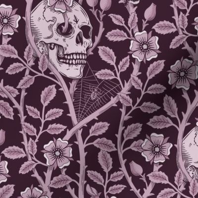 Skulls and climbing rose vines  - block print style, gothic, spooky - monochrome blackberry - purple, burgundy - medium