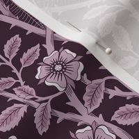 Skulls and climbing rose vines  - block print style, gothic, spooky - monochrome blackberry - purple, burgundy - medium