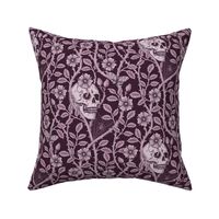 Skulls and climbing rose vines  - block print style, gothic, spooky - monochrome blackberry - purple, burgundy - medium