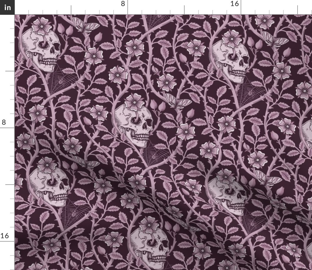 Skulls and climbing rose vines  - block print style, gothic, spooky - monochrome blackberry - purple, burgundy - medium