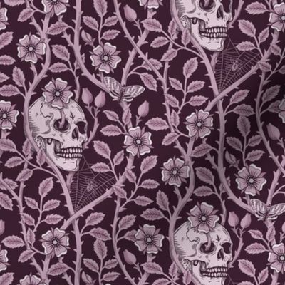 Skulls and climbing rose vines  - block print style, gothic, spooky - monochrome blackberry - purple, burgundy - small