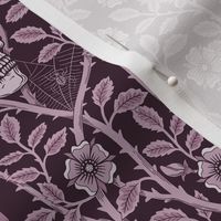 Skulls and climbing rose vines  - block print style, gothic, spooky - monochrome blackberry - purple, burgundy - small