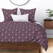 Skulls and climbing rose vines  - block print style, gothic, spooky - monochrome blackberry - purple, burgundy - small