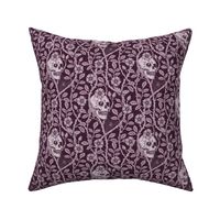 Skulls and climbing rose vines  - block print style, gothic, spooky - monochrome blackberry - purple, burgundy - small