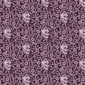 Skulls and climbing rose vines  - block print style, gothic, spooky - monochrome blackberry - purple, burgundy - small