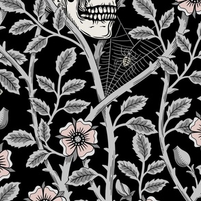 Skulls and climbing rose vines  - block print style, gothic, spooky - monochrome grey and pink  on black - jumbo