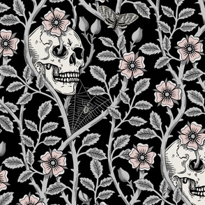 Skulls and climbing rose vines  - block print style, gothic, spooky - monochrome grey and pink  on black - extra large