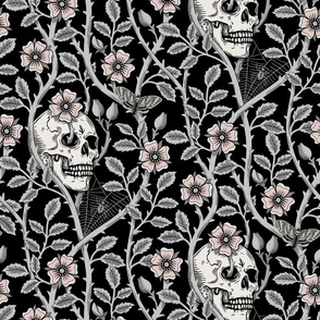 Skulls and climbing rose vines  -block print style, gothic, spooky - monochrome grey and pink  on black - large