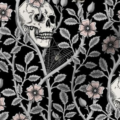 Skulls and climbing rose vines  -block print style, gothic, spooky - monochrome grey and pink  on black - medium