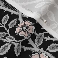 Skulls and climbing rose vines  -block print style, gothic, spooky - monochrome grey and pink  on black - medium