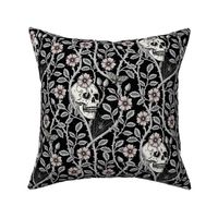 Skulls and climbing rose vines  -block print style, gothic, spooky - monochrome grey and pink  on black - medium