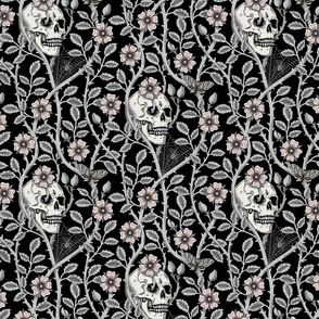 Skulls and climbing rose vines  -block print style, gothic, spooky - monochrome grey and pink  on black - medium