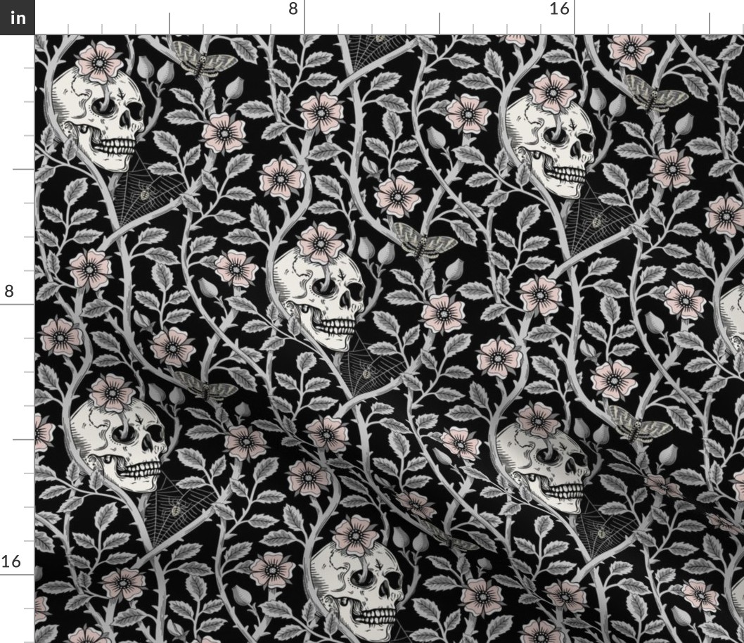 Skulls and climbing rose vines  -block print style, gothic, spooky - monochrome grey and pink  on black - medium