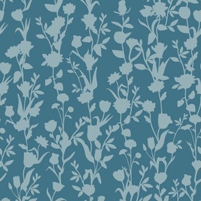 Teal Floral Stripe Vertical - Flowers Vines - Monochromatic Blue 