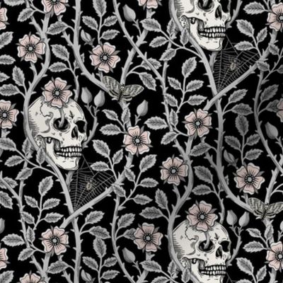 Skulls and climbing rose vines  - block print style, gothic, spooky - monochrome grey and pink  on black - small