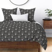 Skulls and climbing rose vines  - block print style, gothic, spooky - monochrome grey and pink  on black - small