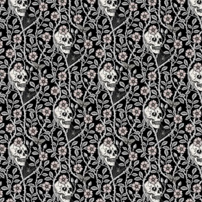 Skulls and climbing rose vines  - block print style, gothic, spooky - monochrome grey and pink  on black - small