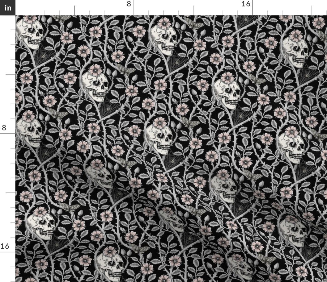 Skulls and climbing rose vines  - block print style, gothic, spooky - monochrome grey and pink  on black - small